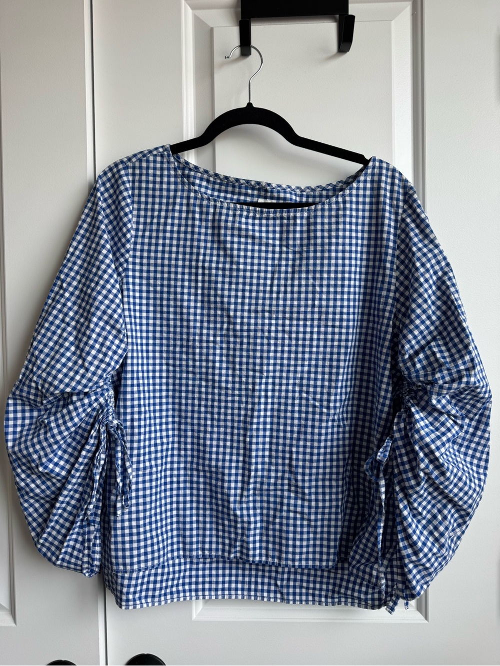 GAP Blue & White Gingham Puff Sleeve 100% Cotton Ruched Tie Blouse L